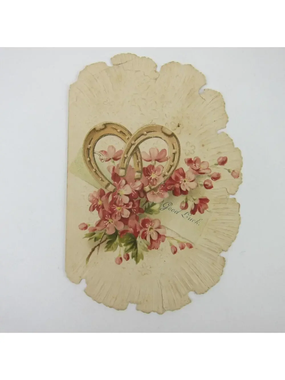 Victorian Good Luck Greeting Card Gold Horseshoes Pink Flowers Embossed Antique